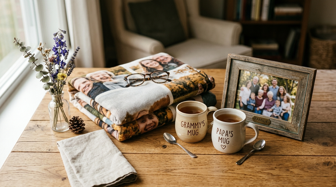 Personalized Grandparents Day gifts with photo blanket, name mugs and family keepsake