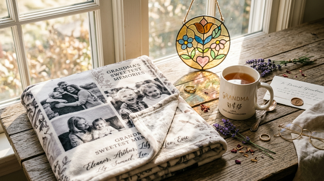 Personalized gifts for Grandma with photo blanket, name mug and suncatcher