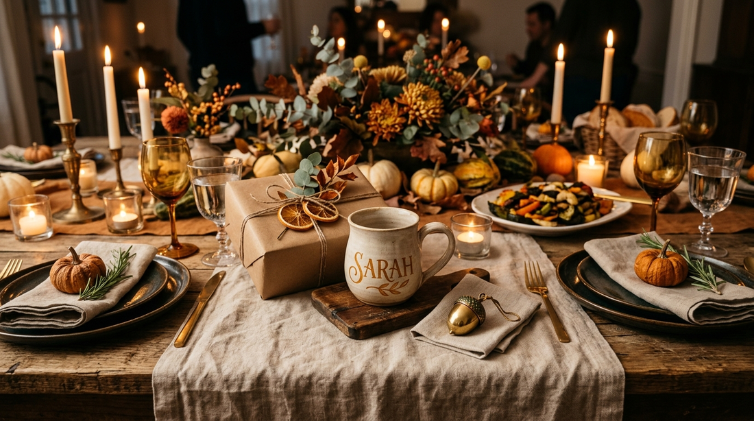 Personalized Thanksgiving hostess gift mug and keepsake on an autumn table