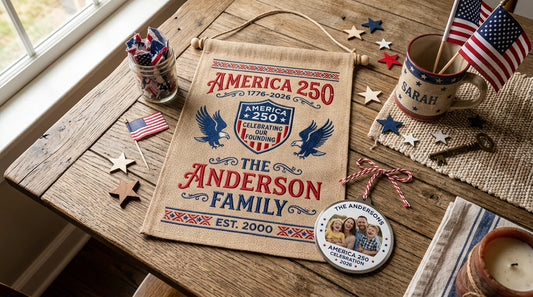 Personalized America 250 patriotic gift collection with house flag, ornament and mug