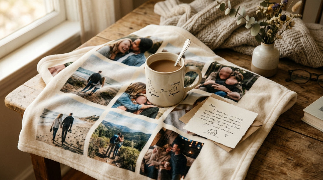 Long distance gift for Mom personalized photo blanket and name mug