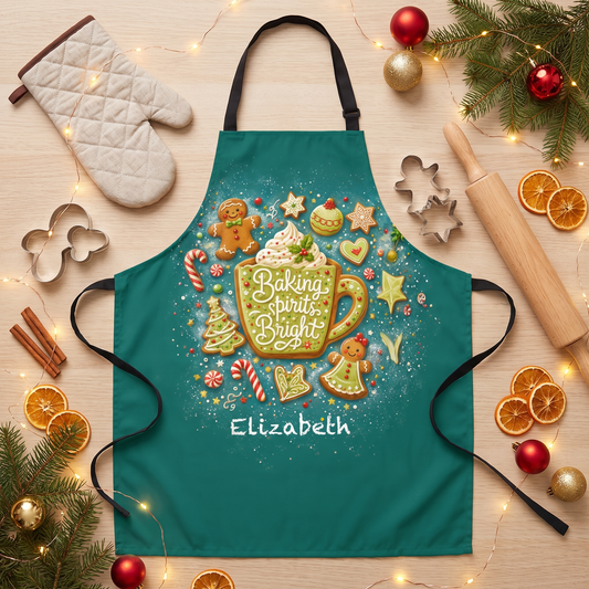 Teal Baking Spirits Bright apron with gingerbread, cookies, cocoa mug and custom name, flat lay