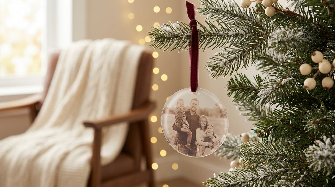 Personalized acrylic Christmas ornament with a family photo hanging on a Christmas tree