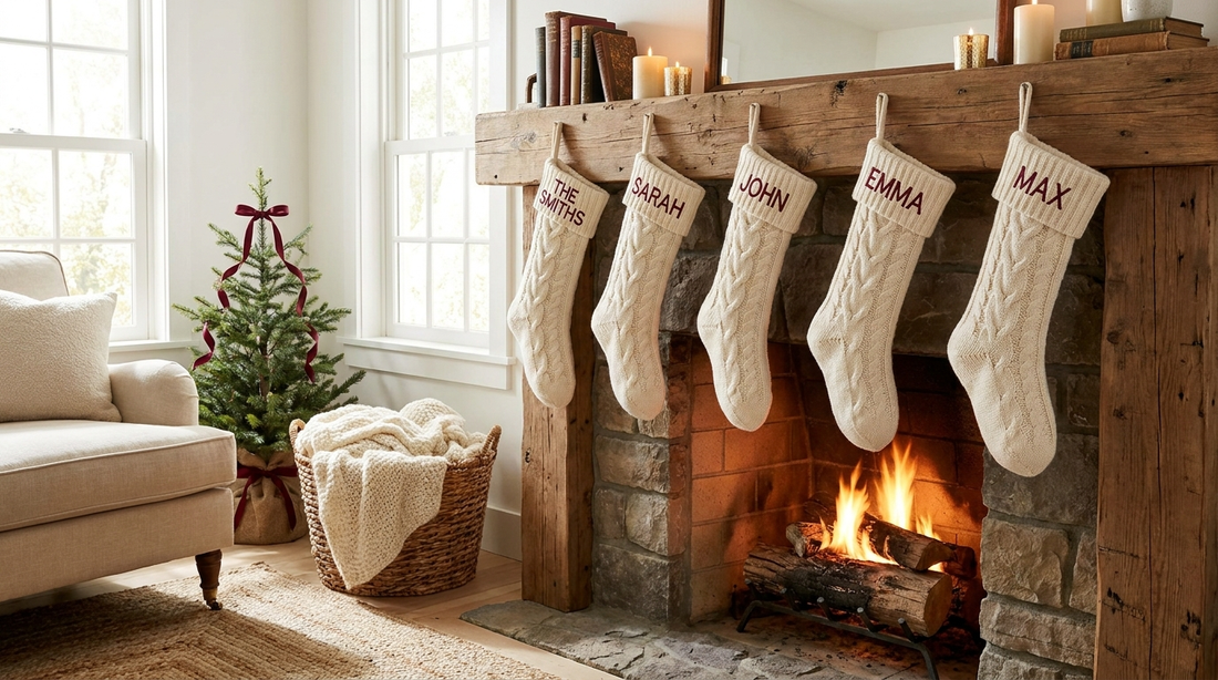 Personalized embroidered Christmas stockings with family names hanging from a mantelpiece