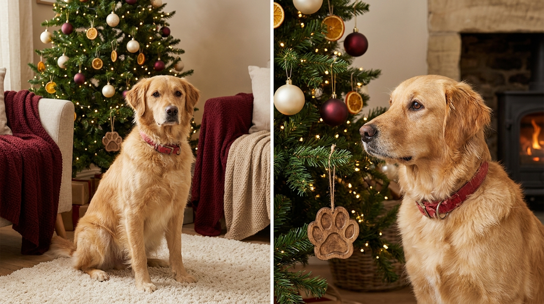 Dog beside a Christmas tree with a personalized paw print ornament hanging nearby