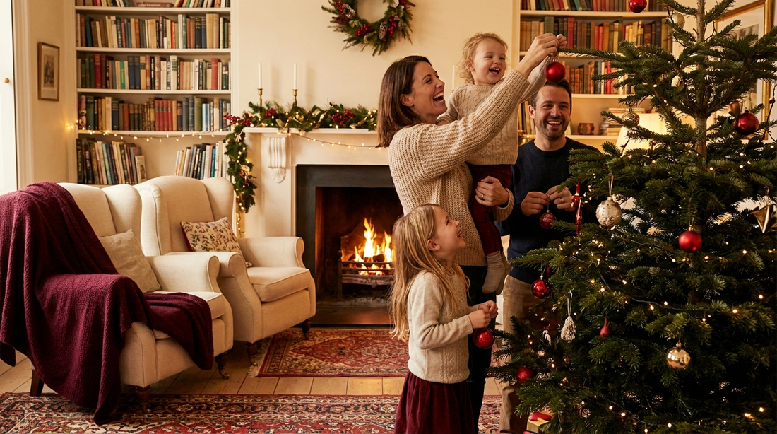 Family decorating a Christmas tree together in a warm living room