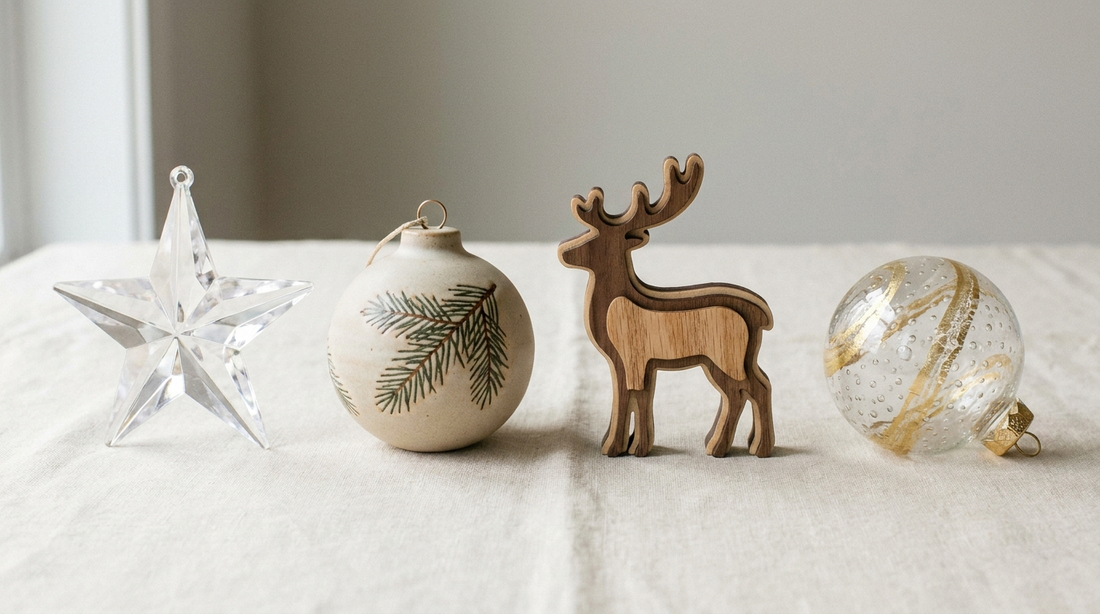Four Christmas ornaments in acrylic, ceramic, wood and glass laid on cream linen