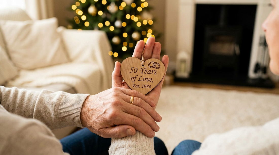Older couple holding a personalized wooden anniversary Christmas ornament