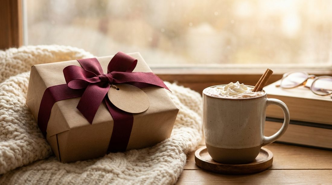 Wrapped Christmas gift with a blank kraft gift tag on a cream knit blanket