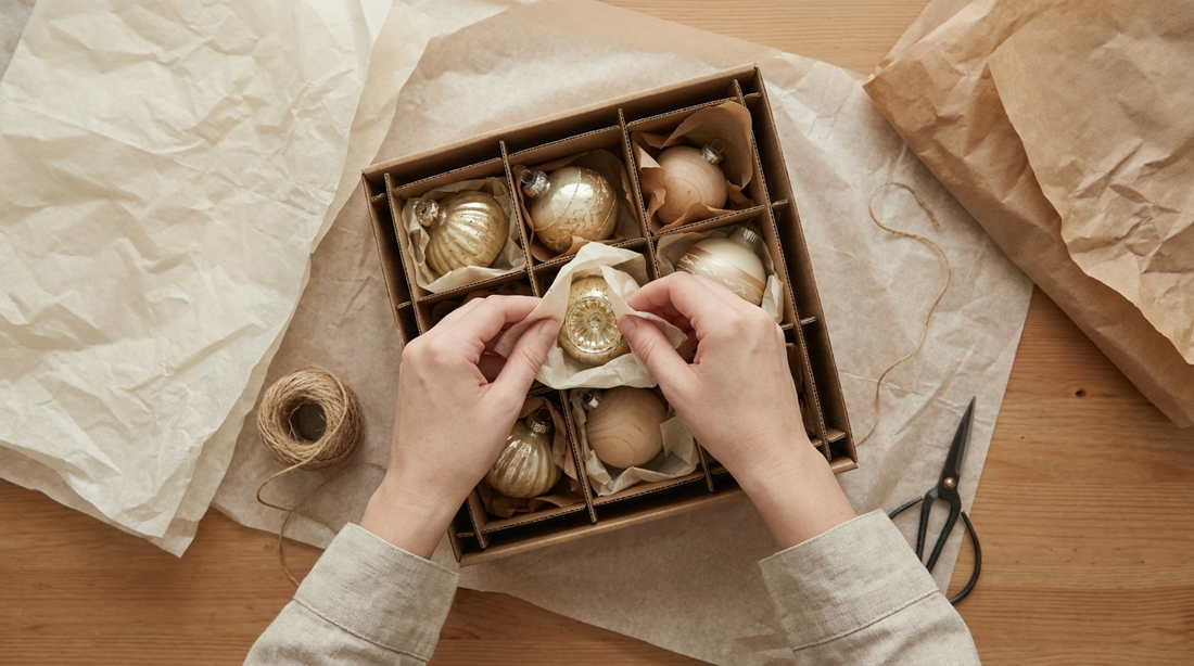 Christmas ornaments wrapped in tissue and placed into a compartment storage box