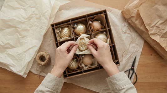 Christmas ornaments wrapped in tissue and placed into a compartment storage box
