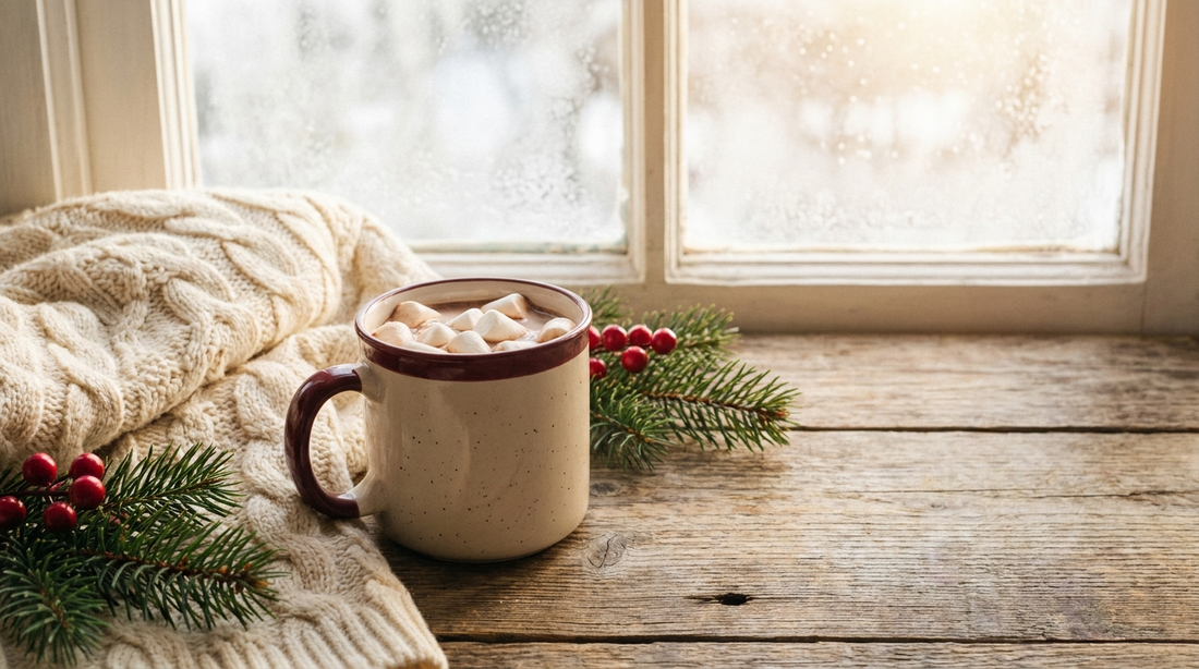 Ceramic mug of cocoa on a wooden table beside a cream knit blanket and pine sprigs