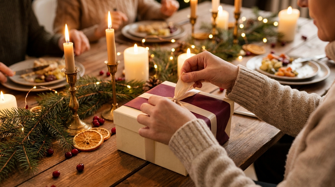 Hands unwrapping a gift box at a festive table with candles and pine