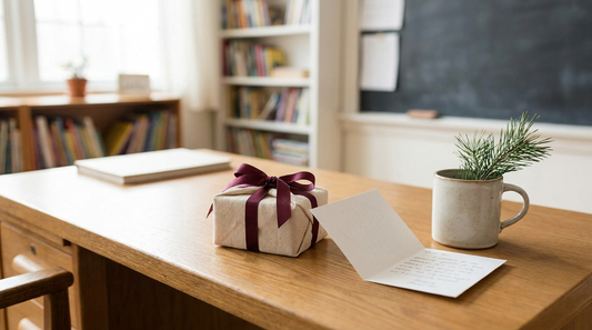 A small wrapped gift and a handwritten card on a desk beside a mug and pine sprig