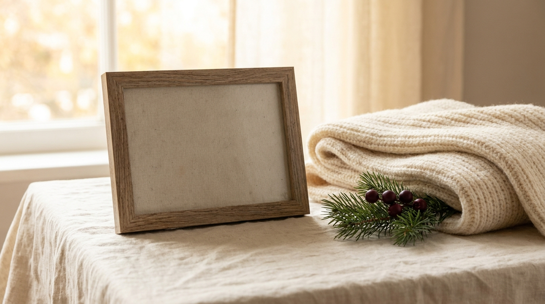 Wooden photo frame, cream knit scarf and pine sprig arranged on linen