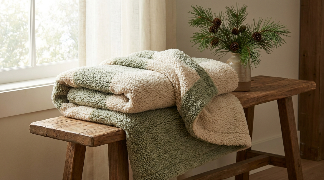 Soft folded fleece blanket in cream and sage on a wooden bench beside a pine sprig