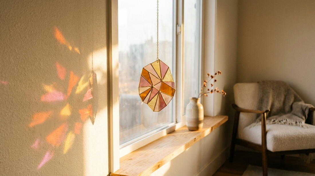 Acrylic suncatcher hanging in a bright window casting soft coloured light on a cream wall