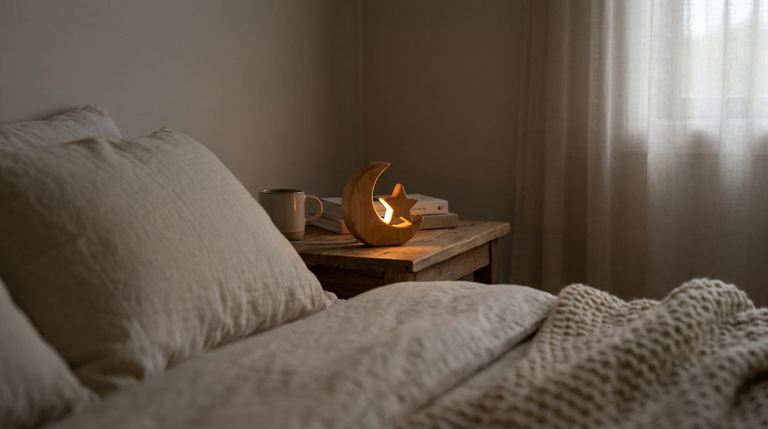 Small wooden night light glowing softly on a bedside table in a dim room