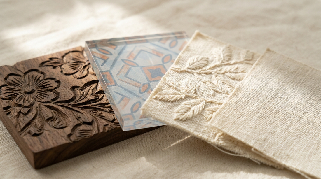 Close up of engraved wood, printed acrylic and embroidered fabric side by side