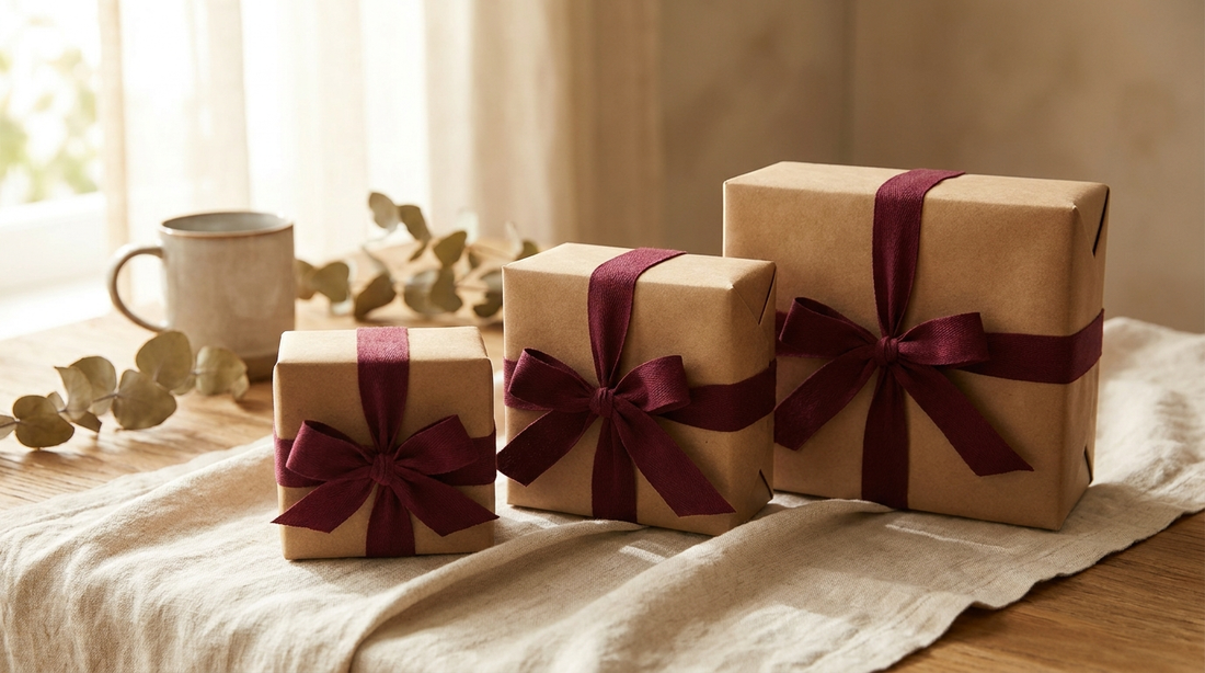 Three wrapped gift boxes of different sizes in a row on cream linen