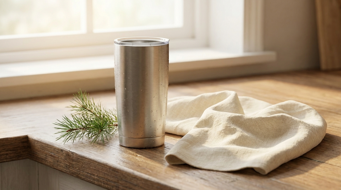Stainless steel insulated tumbler on a wooden kitchen counter beside a tea towel