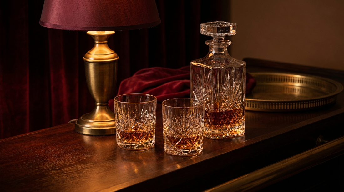 Two cut crystal whiskey glasses on a dark wooden bar top beside a decanter