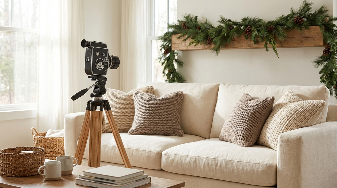 Camera on a tripod facing a styled cream sofa with knit cushions and pine garland