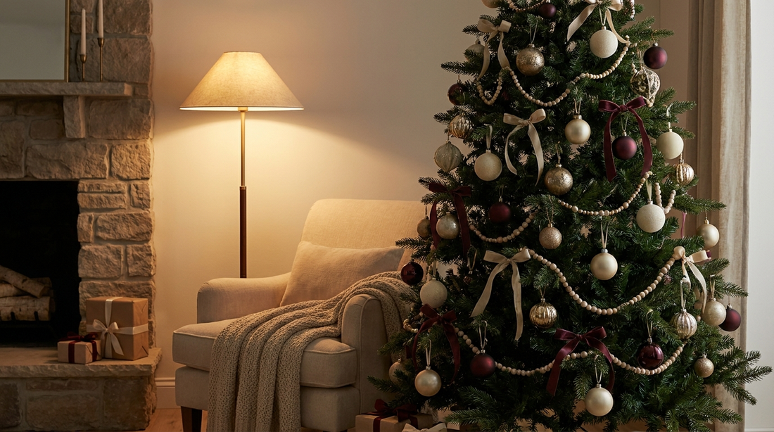 Christmas tree decorated in a restrained cream, gold and burgundy palette