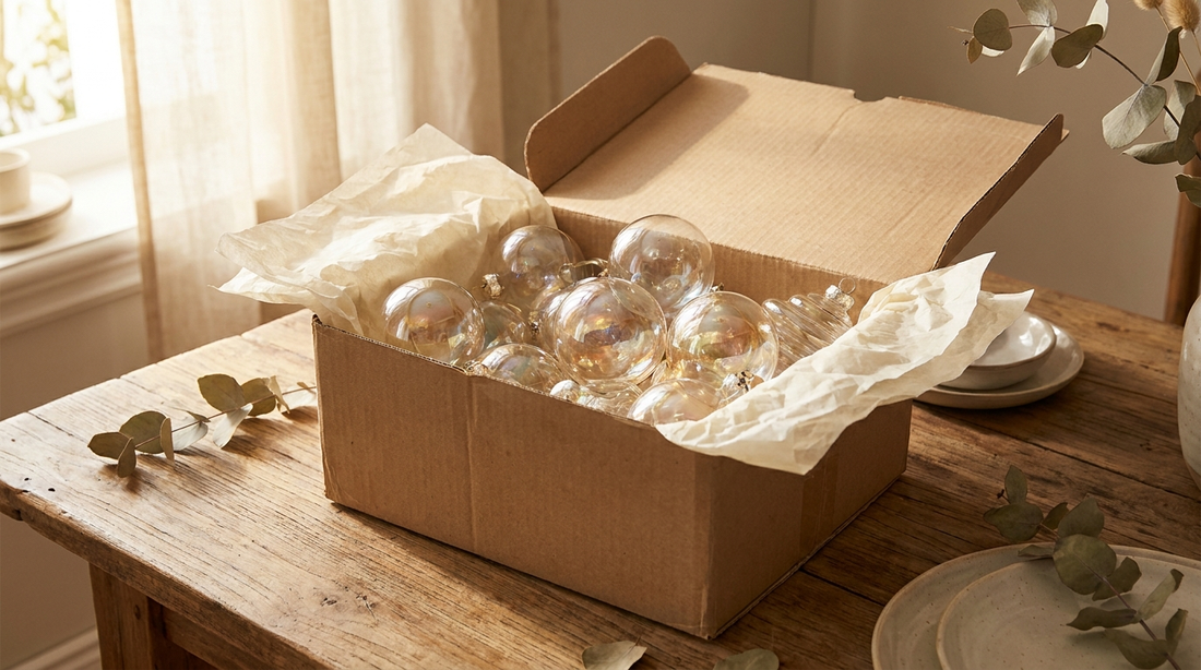 Clear glass baubles resting in an open box lined with cream tissue