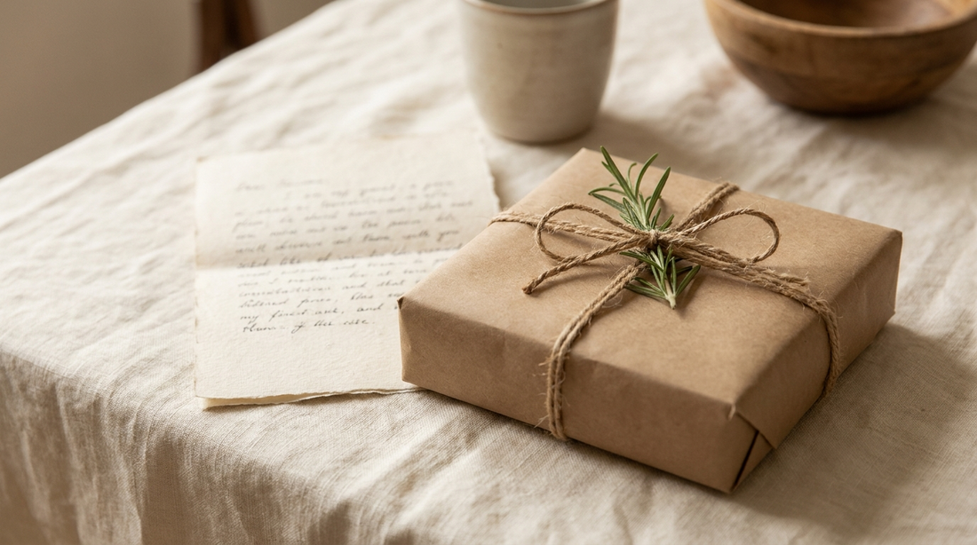 Plain wrapped gift with rosemary under twine beside a folded handwritten note