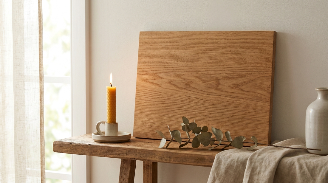 Plain oak wall plaque on a shelf beside a candle and eucalyptus stem