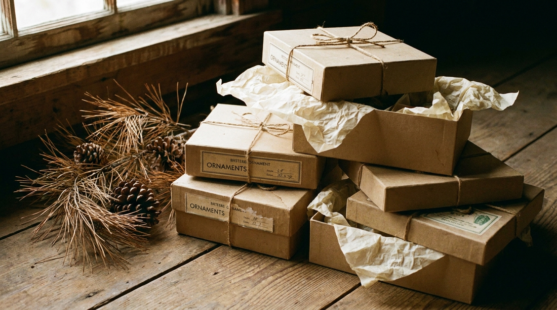 Stack of old ornament boxes tied with twine on a wooden floor beside a pine branch