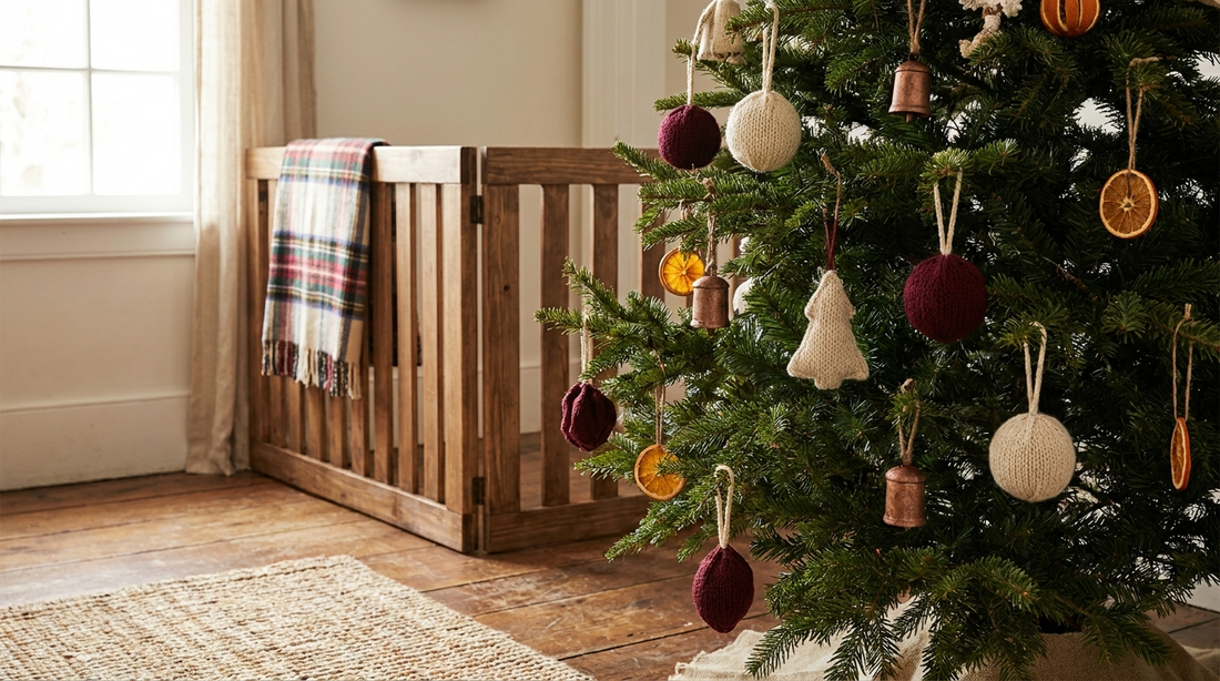 Lower branches of a Christmas tree with soft fabric ornaments hung low