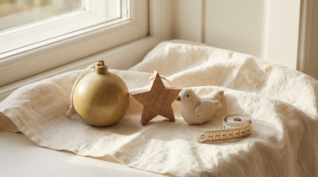 Three ornaments of different sizes laid on cream linen beside a measuring tape