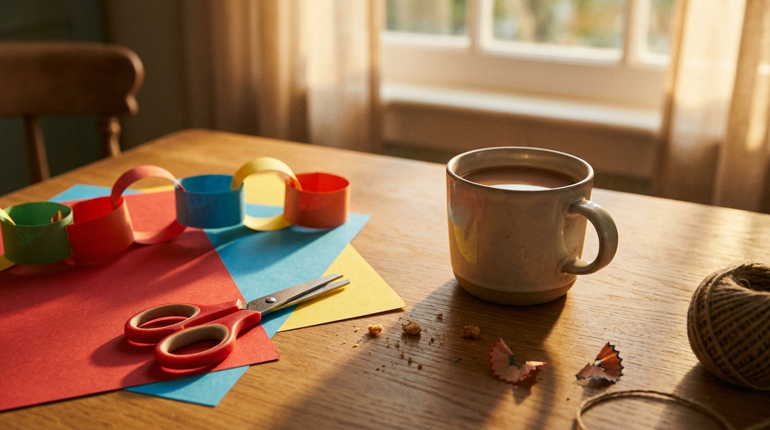 Scissors, coloured paper and a half made paper decoration on a kitchen table