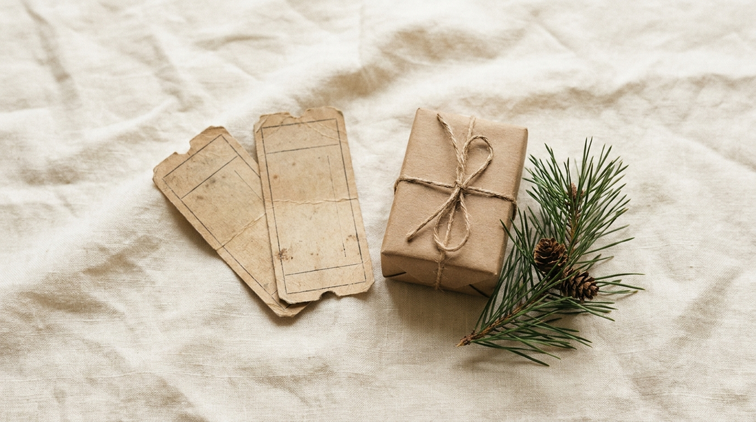 Two tickets and a small wrapped box side by side on cream linen beside a pine sprig