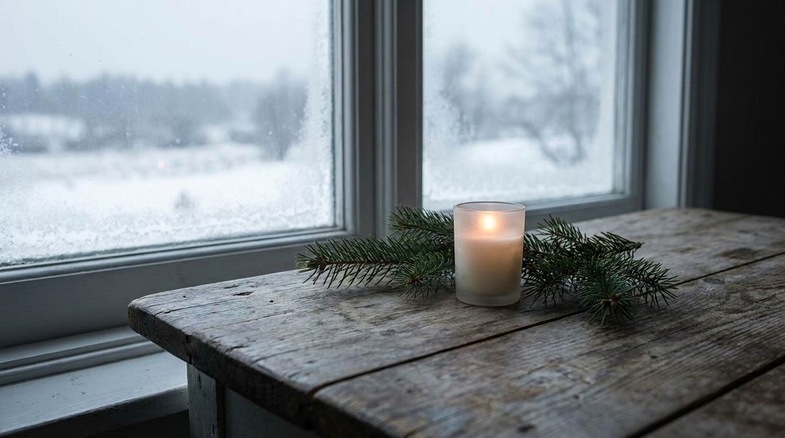 Single lit candle beside a pine sprig on a bare wooden table in soft winter light