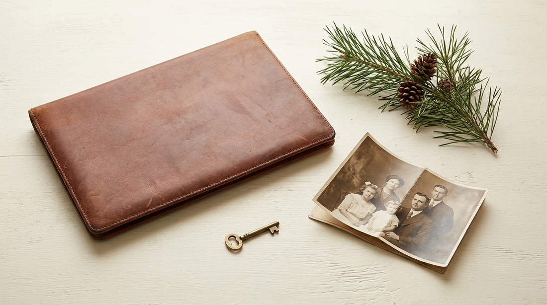 Closed laptop and a folded photograph on a cream desk beside a pine sprig and a key