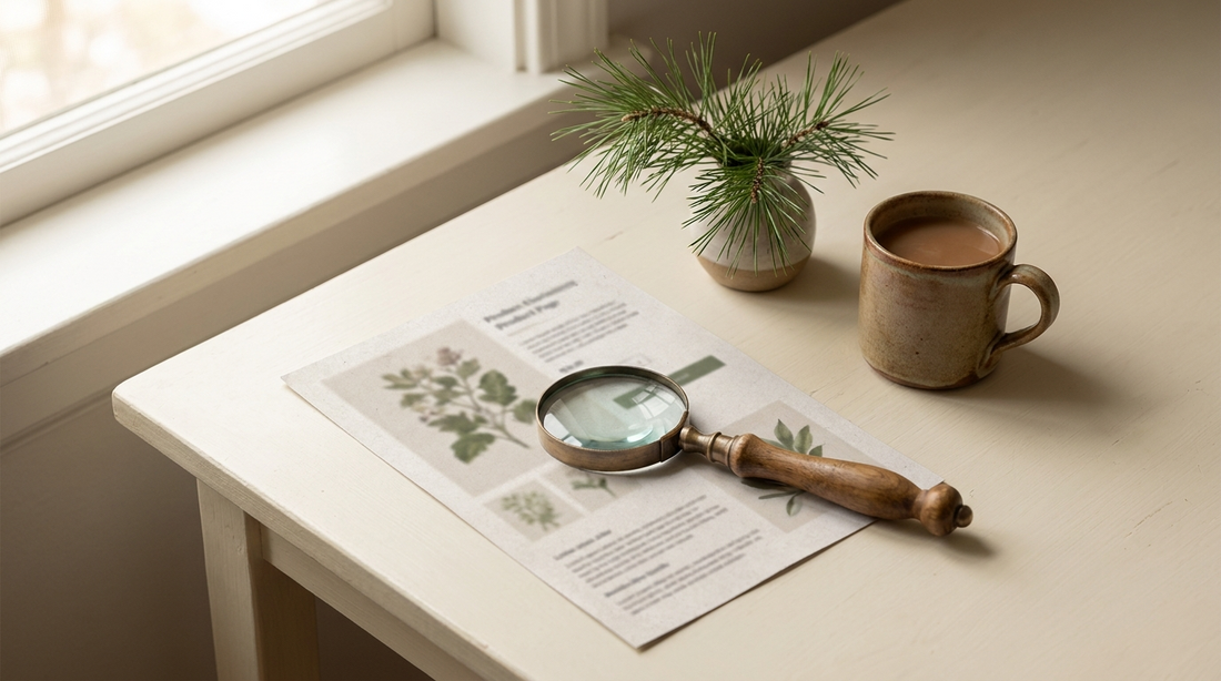 Magnifying glass resting on a printed product page on a cream desk beside a pine sprig and a mug