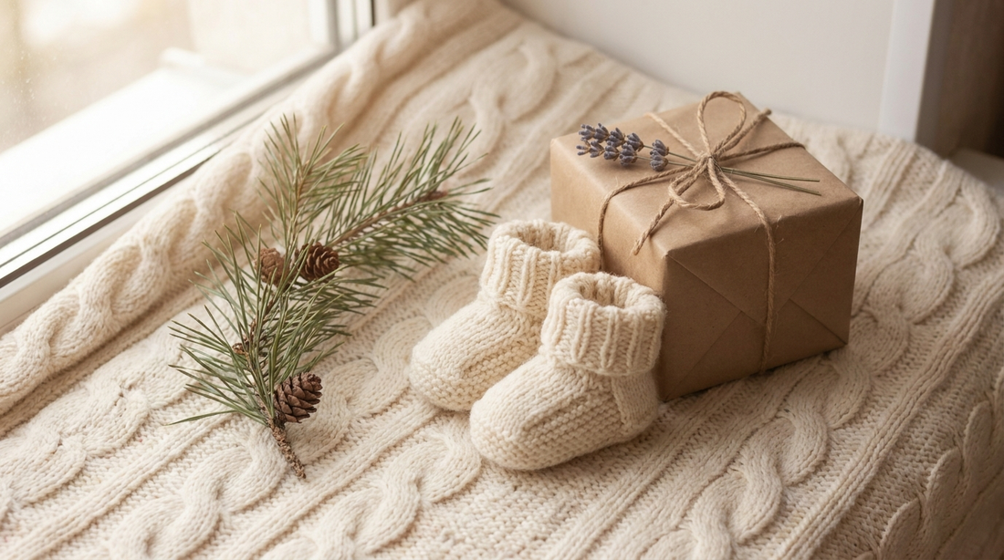 Tiny knitted baby booties and a small wrapped gift on a cream knit blanket beside a pine sprig