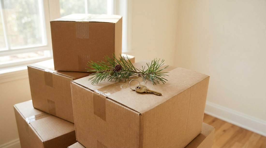 Brass house key on a ring resting on a stack of unopened moving boxes beside a pine sprig