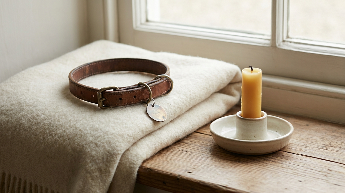 An empty pet collar with a small tag resting on a folded blanket beside a lit candle