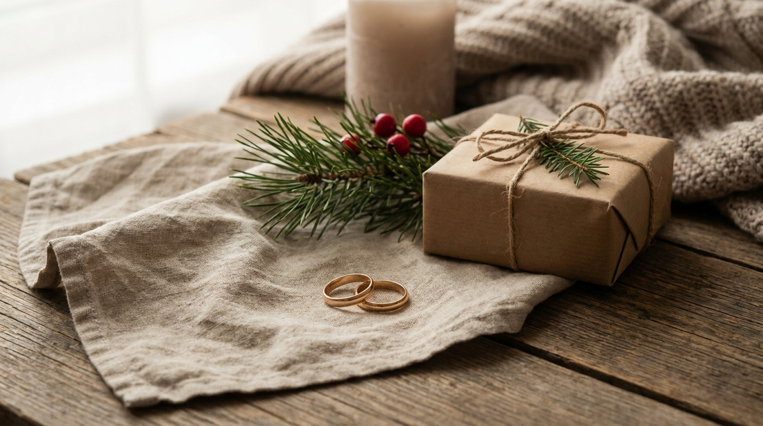 Two plain gold wedding bands on a linen napkin beside a pine sprig and a small wrapped gift