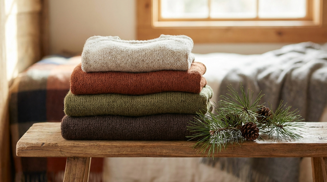 Four folded knit sweaters in graduated sizes stacked on a wooden bench beside a pine sprig