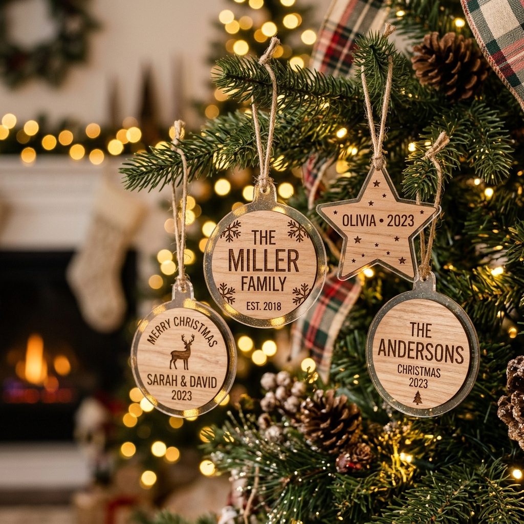 Personalized Christmas ornaments with family names on a Christmas tree