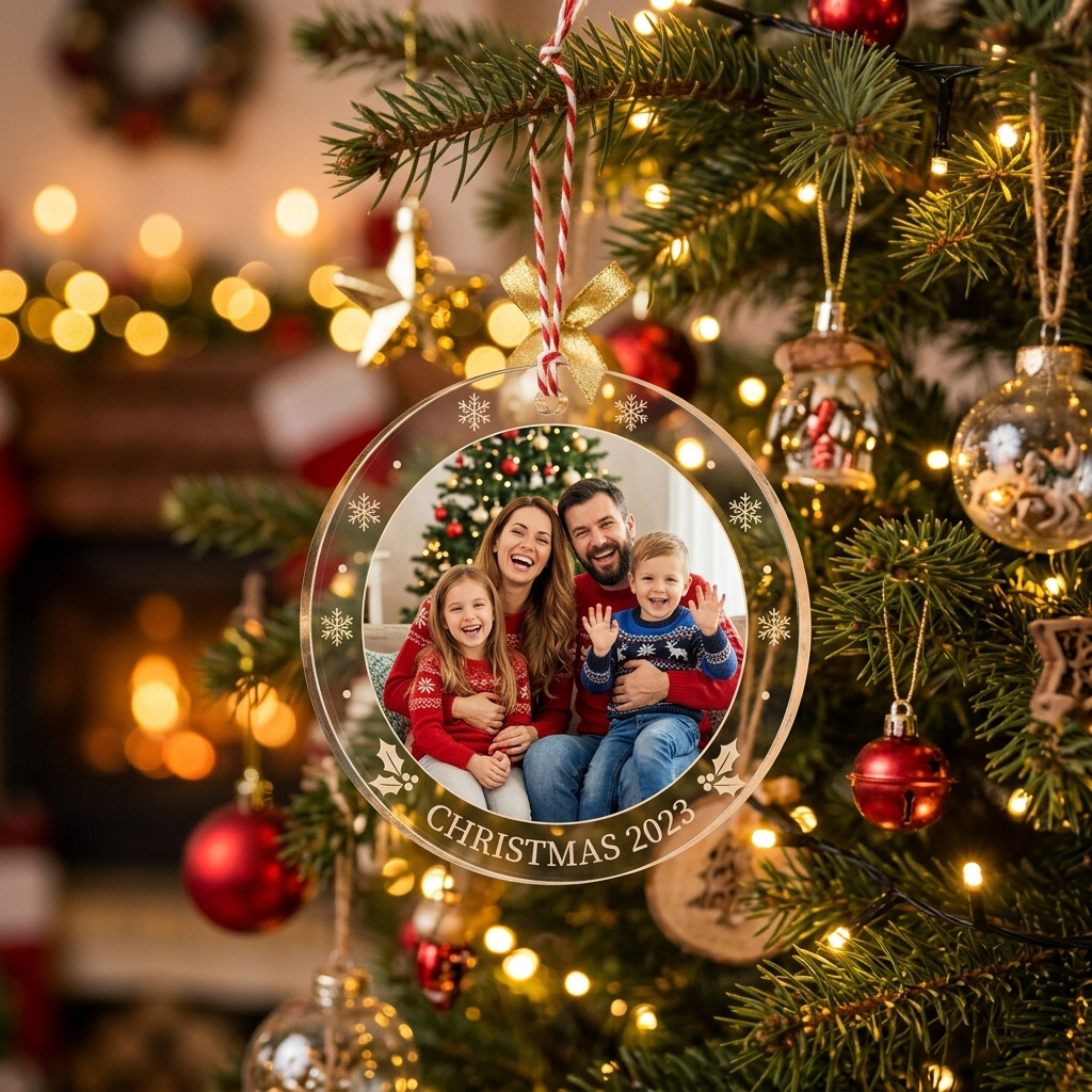 Personalized photo ornament with a family picture hanging on a Christmas tree