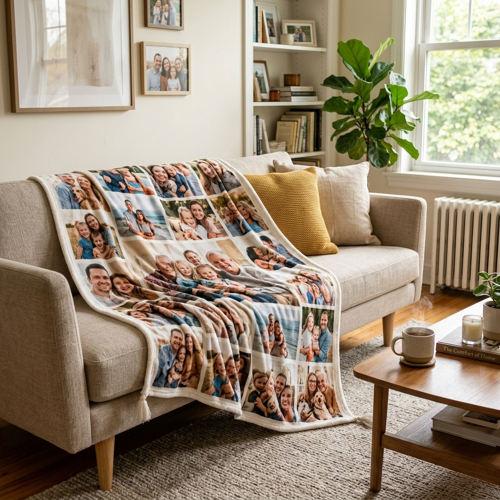 Custom photo blanket with family pictures draped over a sofa