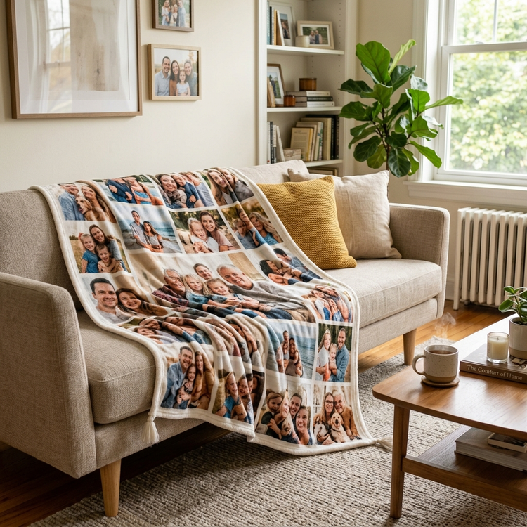 Custom photo blanket with family pictures draped over a sofa
