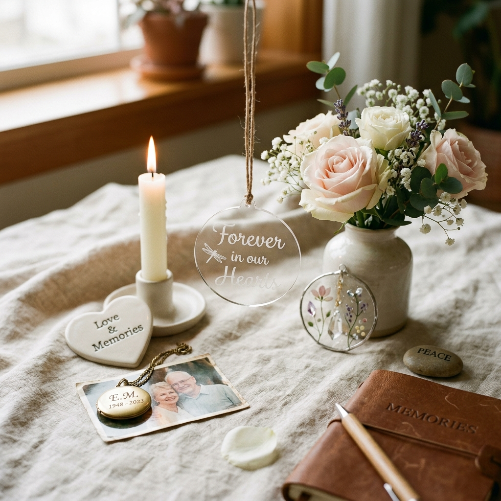 Personalized sympathy gifts with memorial keepsake, candle and flowers
