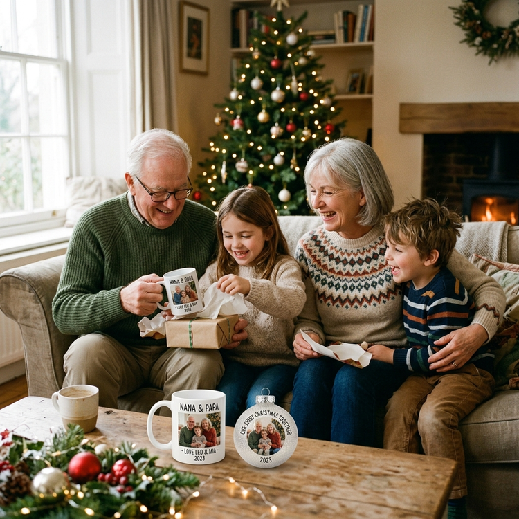 Grandparents opening a personalized Grandparents Day gift with grandchildren